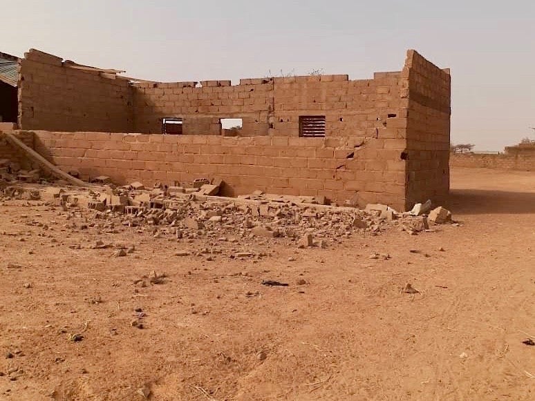 Rubble outside of a school building