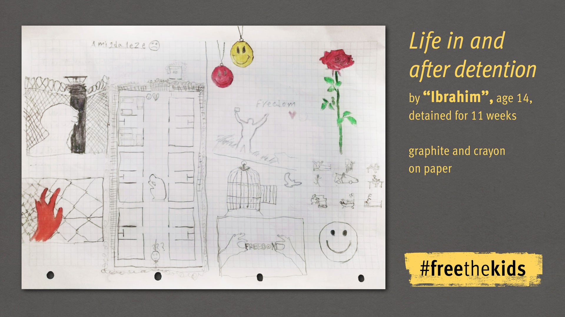 Drawing by Ibrahim, age 14, detained for 11 weeks. Drawing titled, "Life in and After Detention"