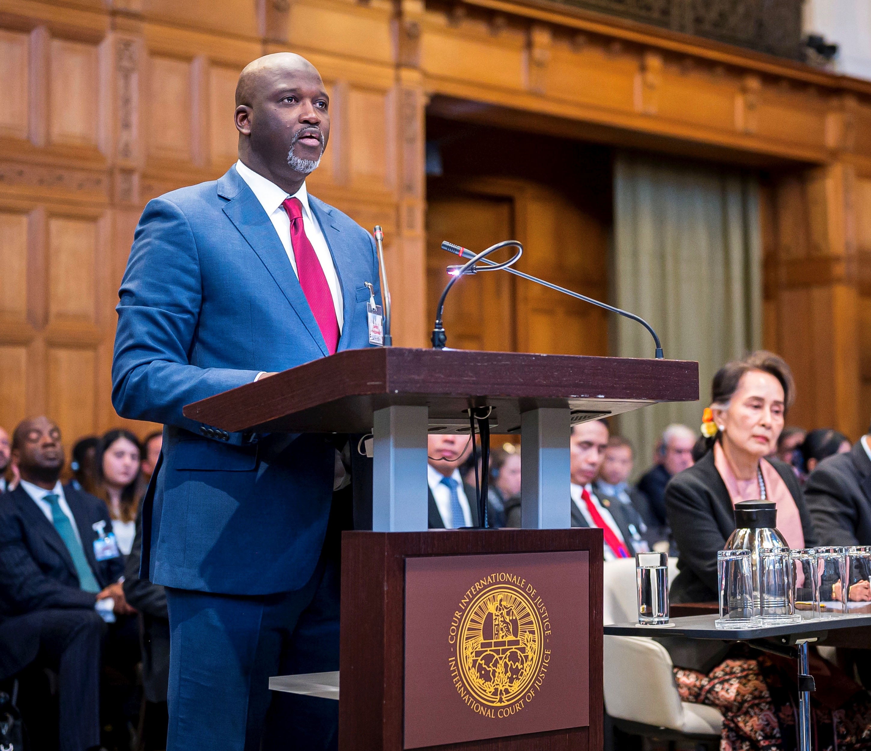 Gambia's Justice Minister Abubacarr Tambadou speaks on the first day of hearings in a case against Myanmar alleging genocide against the minority Muslim Rohingya population at the International Court of Justice