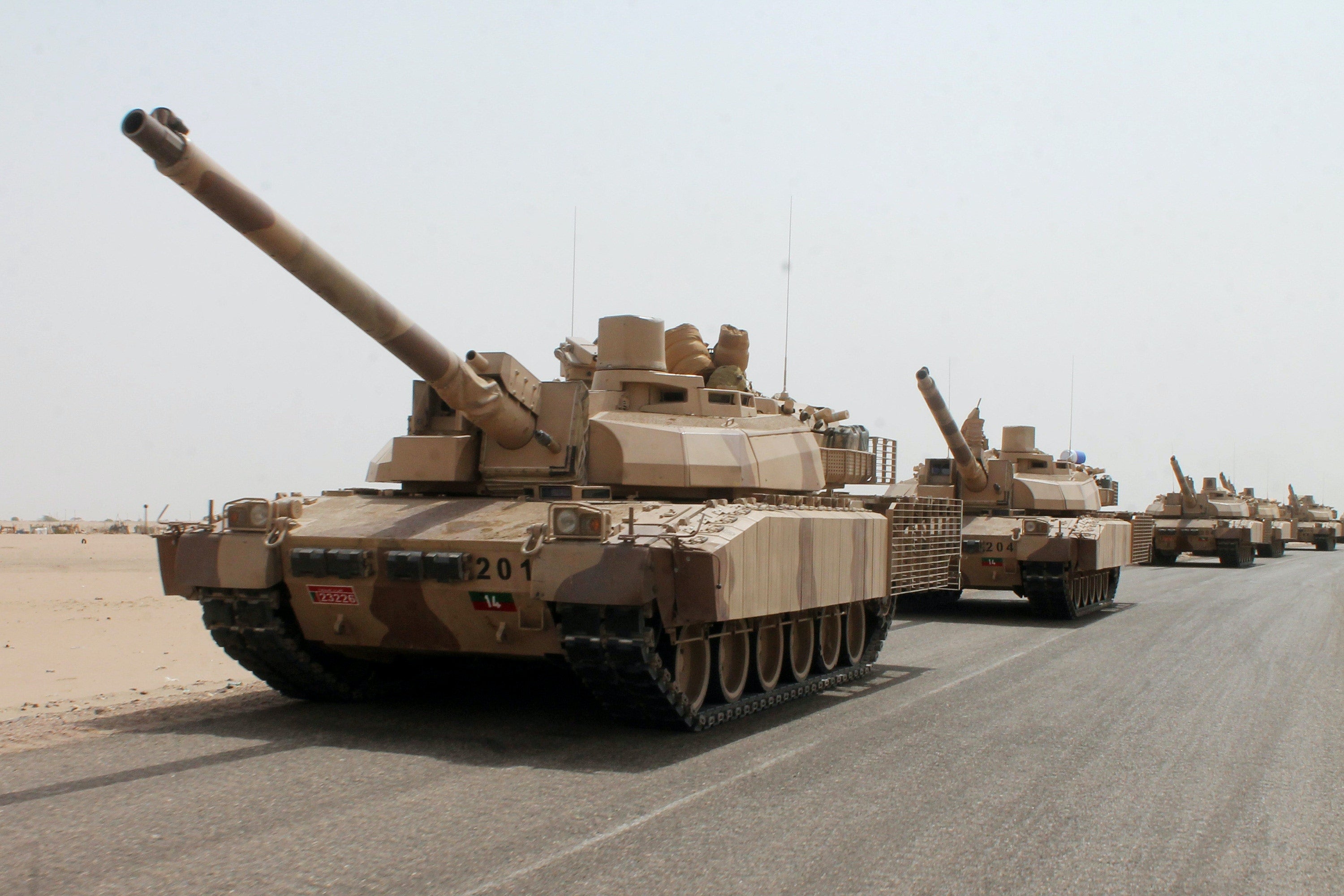 French-made Leclerc tanks of the Saudi-led coalition are deployed on the outskirts of the Yemeni port city of Aden during a military operation, August 3, 2015.