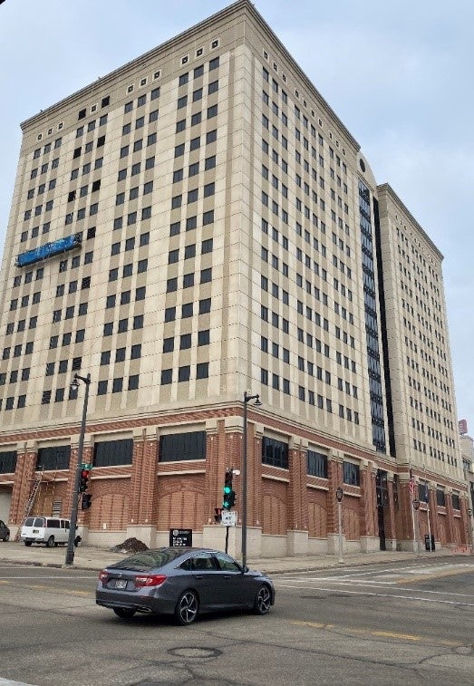 Exterior of a large brown building