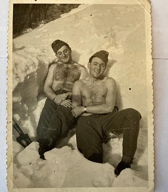Ervin Brody, right, and Gyorgy Borhegyi, with Hungarian Labor Service Company 108/57 in Sianki, Ukraine in 1942.