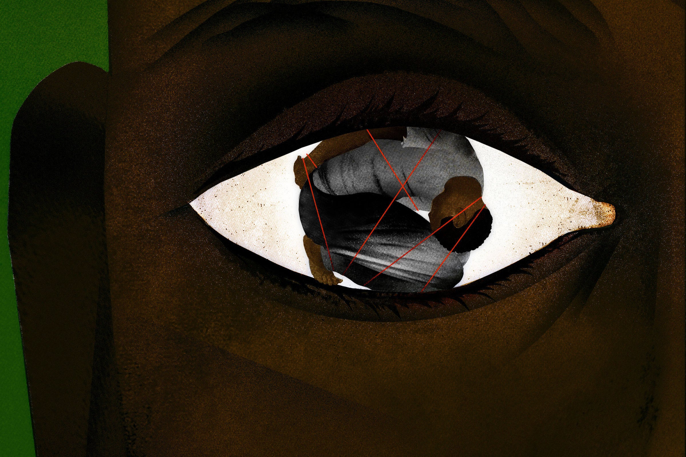 An illustration of an eye with a captive man kneeling down in the iris