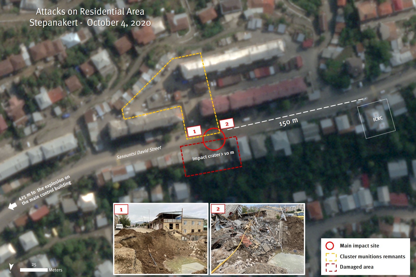 Спутниковый снимок от 8 октября 2020 г. с воронкой диаметром более 10 м на ул. Сасунци Давид в Степанакерте всего в 150 м северо-восточнее офиса МККК. В результате попадания серьезно пострадали жилые дома, находящиеся непосредственно перед воронкой. 