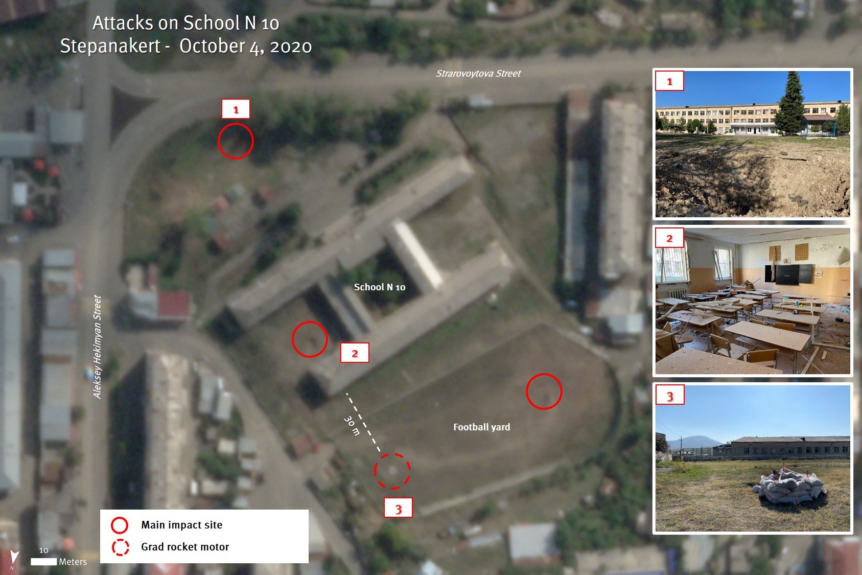 Спутниковый снимок от 8 октября 2020 г. Видны как минимум три попадания по школьному двору и футбольному полю школы № 10. Воронка в 50 м от школы рядом с ул. Старовойтова имеет диаметр в несколько метров. Видны также повреждения внутренней западной части школы в результате попадания меньшей чем в четырех метрах. В 30 м севернее школы виден отработавший двигатель реактивного снаряда РСЗО «Град». 
