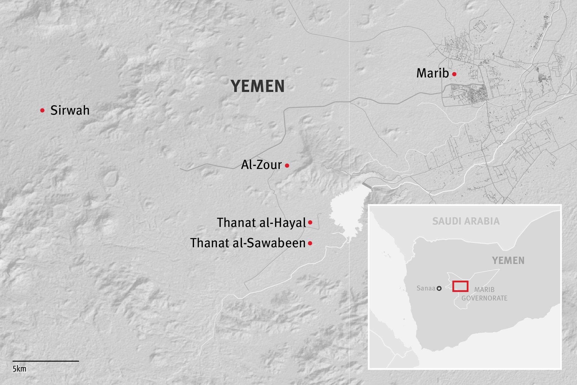 Map showing several camps for displaced people in the Marib governorate