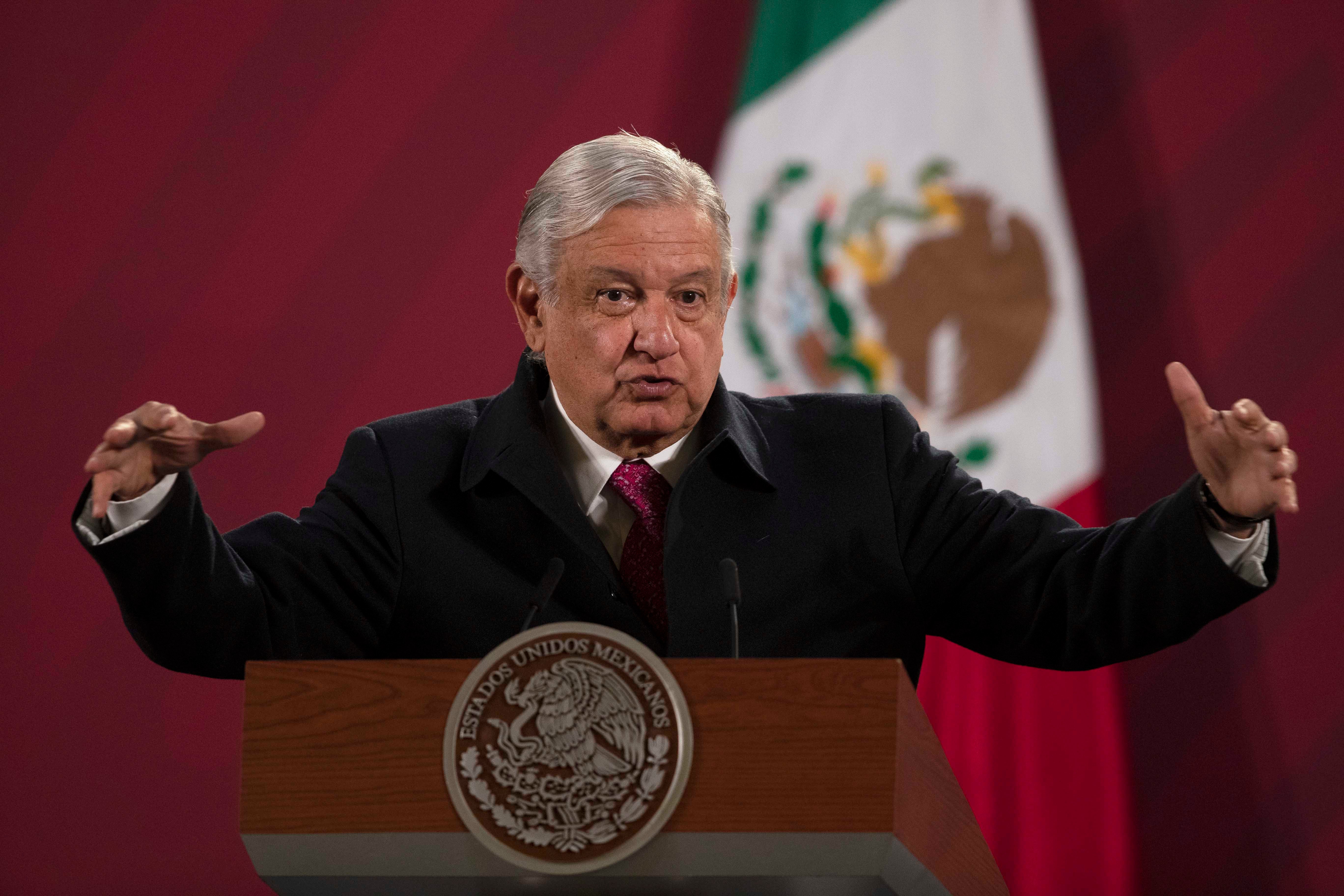 In this Dec. 18, 2020 file photo, Mexican President Andrés Manuel López Obrador gives his daily morning news conference at the presidential palace in Mexico City. On January 14, 2021, López Obrador vowed to lead an international effort to combat what he considers censorship by social media companies that blocked or suspended the accounts of Former US President Donald Trump.