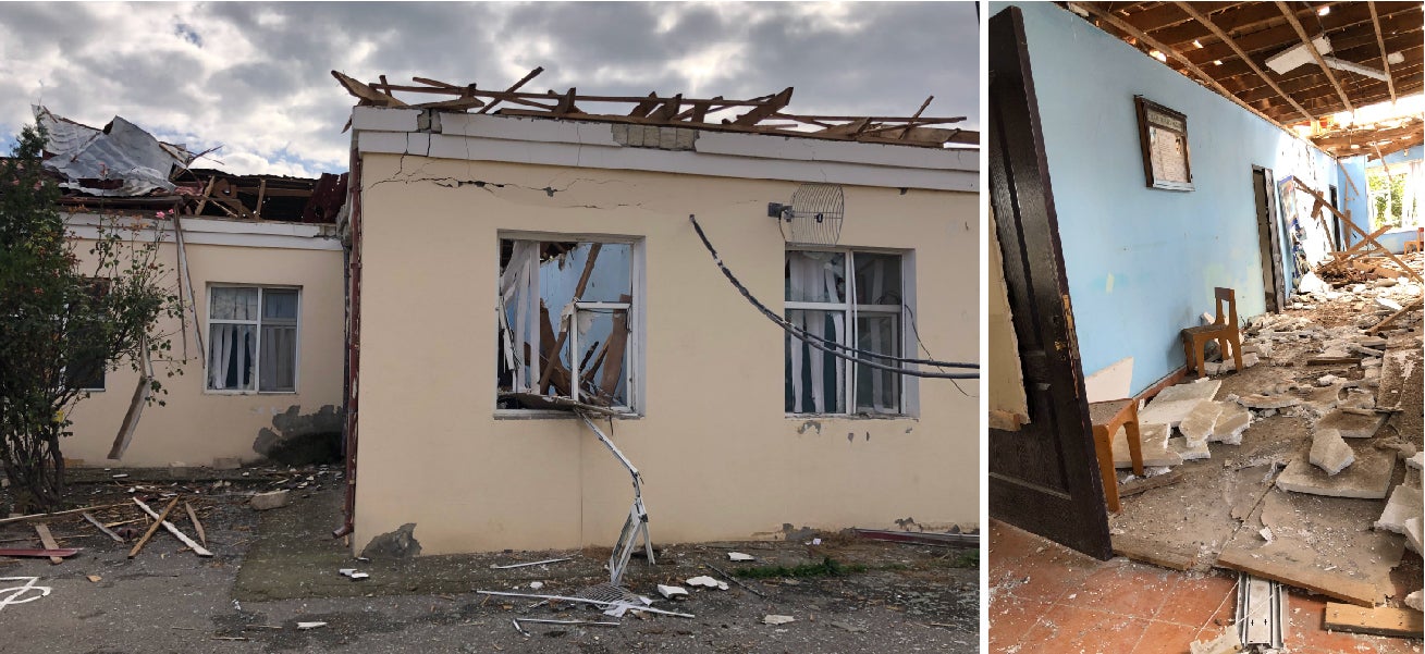 Side-by-side photos of damage to a classroom and exterior of a school 