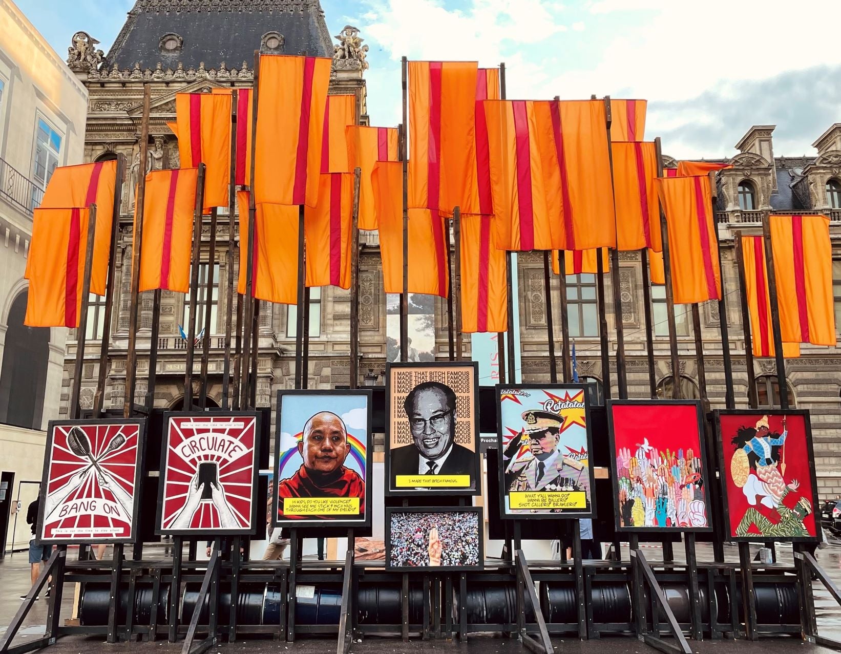 Installation of the exhibition Fighting Fear #WhatsHappeningInMyanmar Place du Palais Royal in Paris