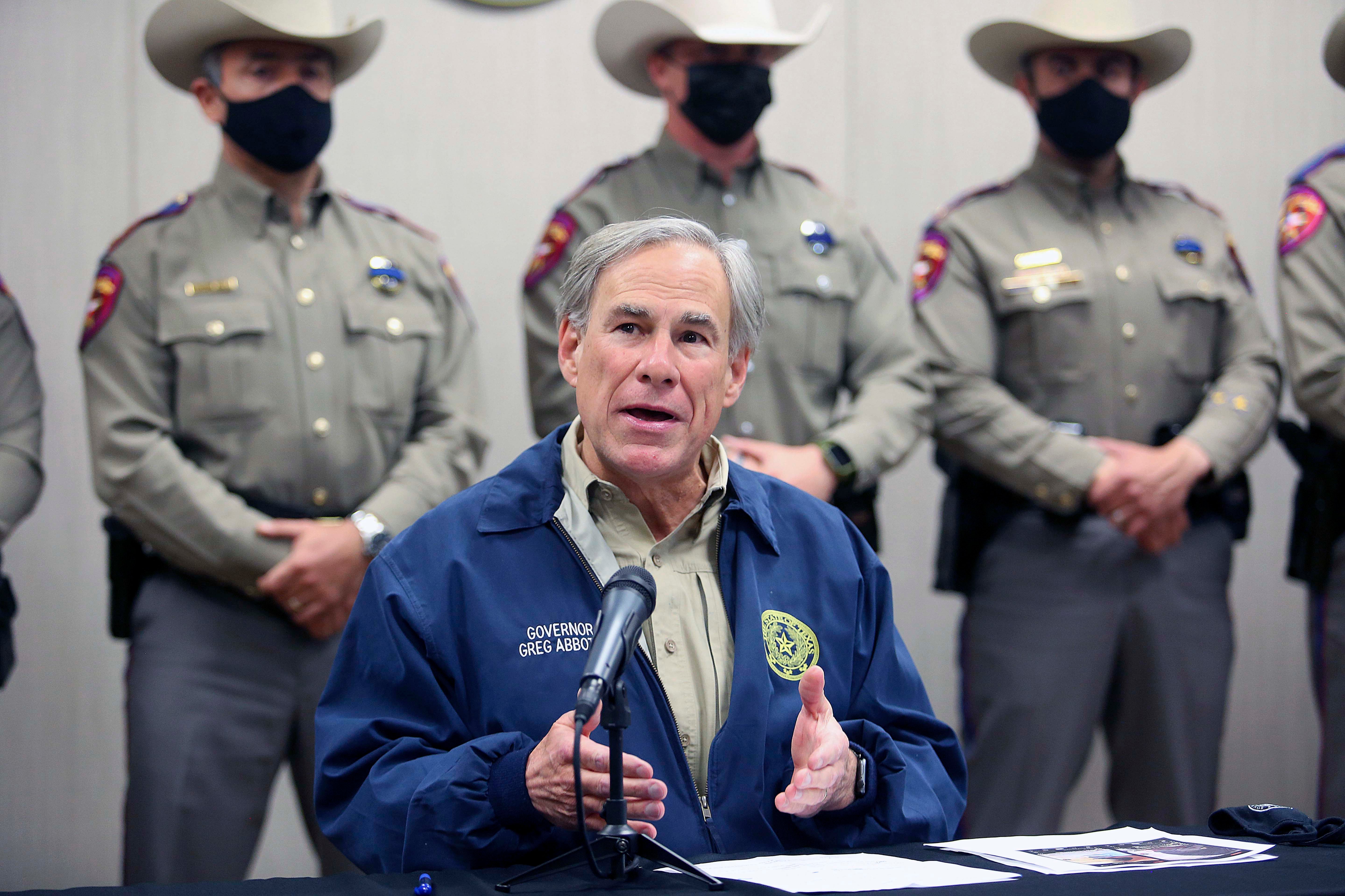 Texas Governor Greg Abbott talks about Operation Lone Star during a press conference at the Texas Department of Public Safety Weslaco Regional Office on April 1, 2021, in Weslaco, Texas.