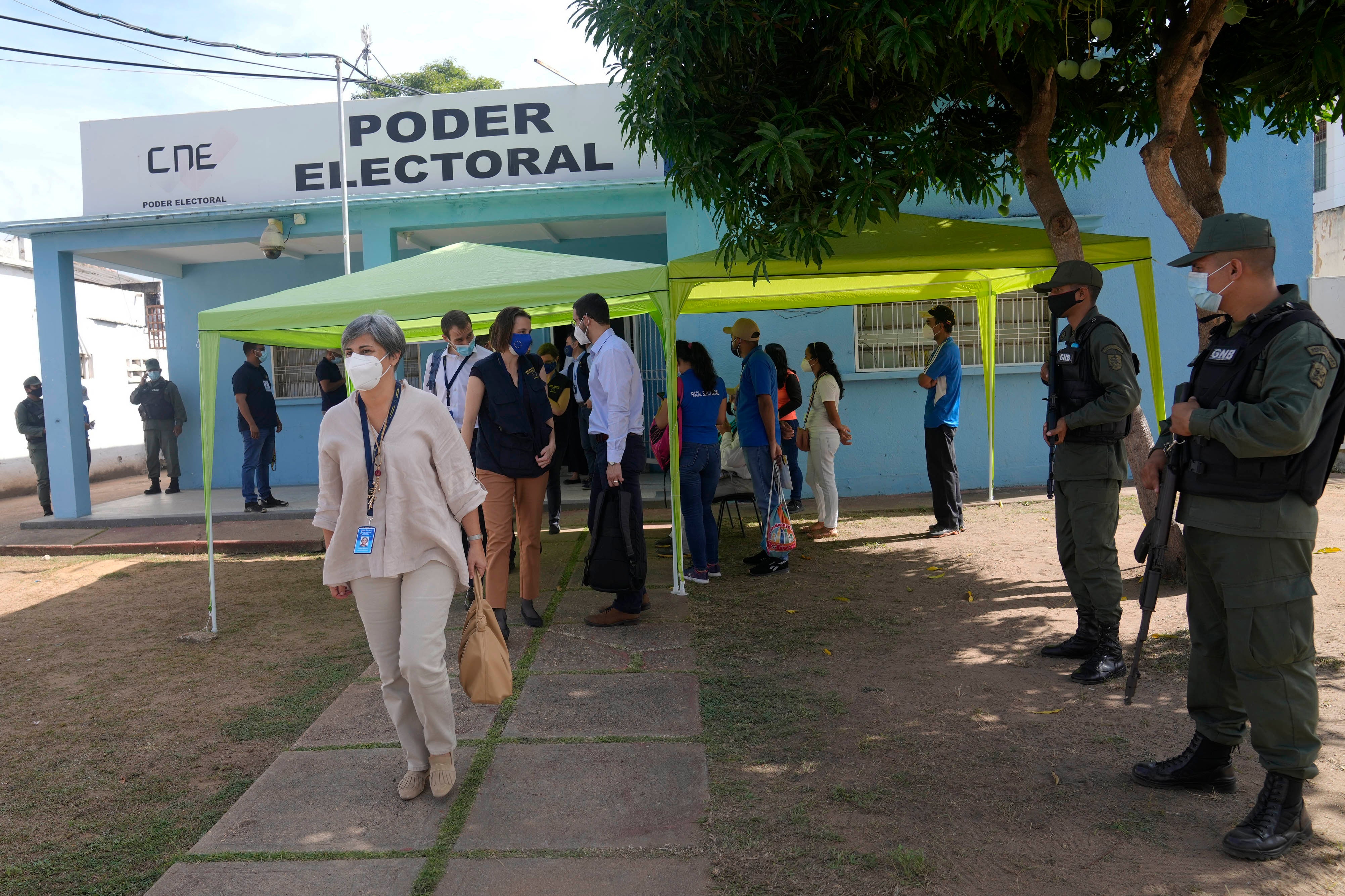 Isabel Santos, front, member of the European Parliament and Chief Observer of the 2021 EU Election Observation Mission to Venezuela, leaves the National Electoral Council headquarters before regional elections in Ciudad Bolivar, Venezuela on November 17, 2021.