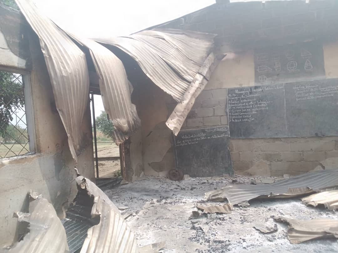 A burned-out classroom in the government primary school in Molyko, Buea, South-West Cameroon, destroyed by suspected separatist fighters on February 7, 2022.