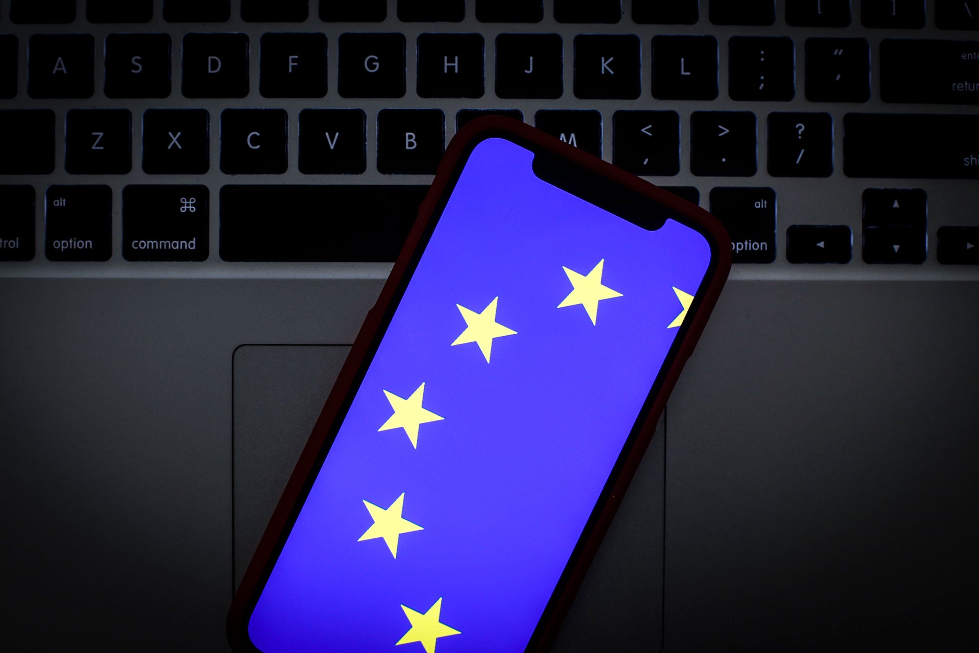 The European Union logo is seen on a portable mobile device