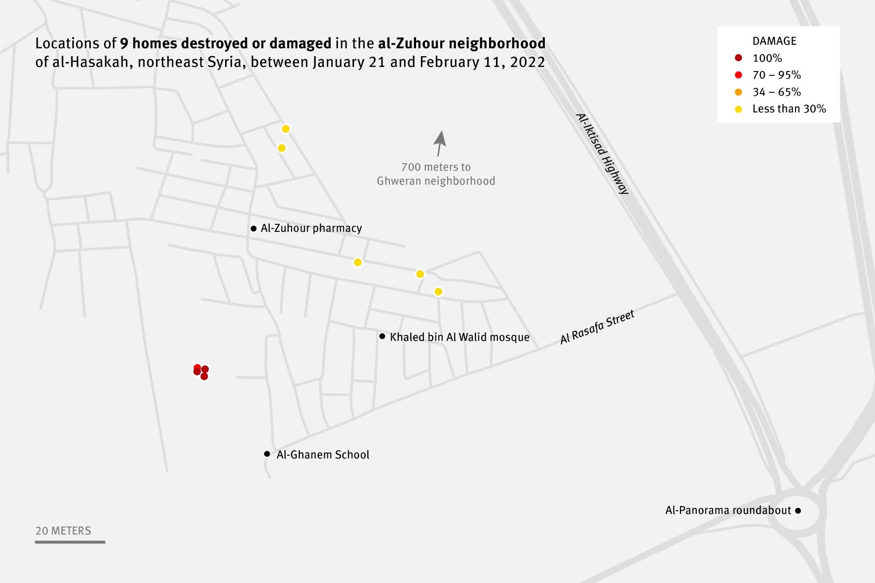 A map of destruction in al-zuhour neighborhood