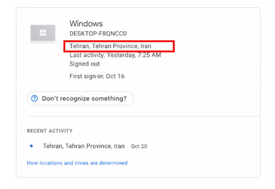 لقطة شاشة للاتصال الذي سُجّل دخوله على حساب غوغل مخترق (أكتوبر/تشرين الأول 2022)