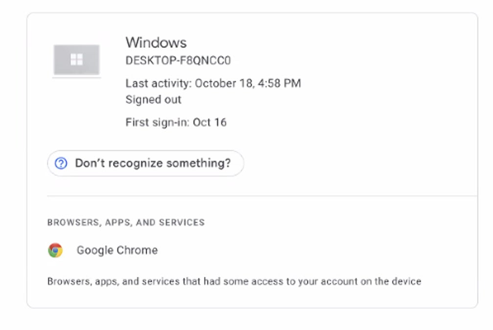 لقطة شاشة للاتصال الذي سُجّل دخوله على حساب غوغل مخترق (أكتوبر/تشرين الأول 2022)