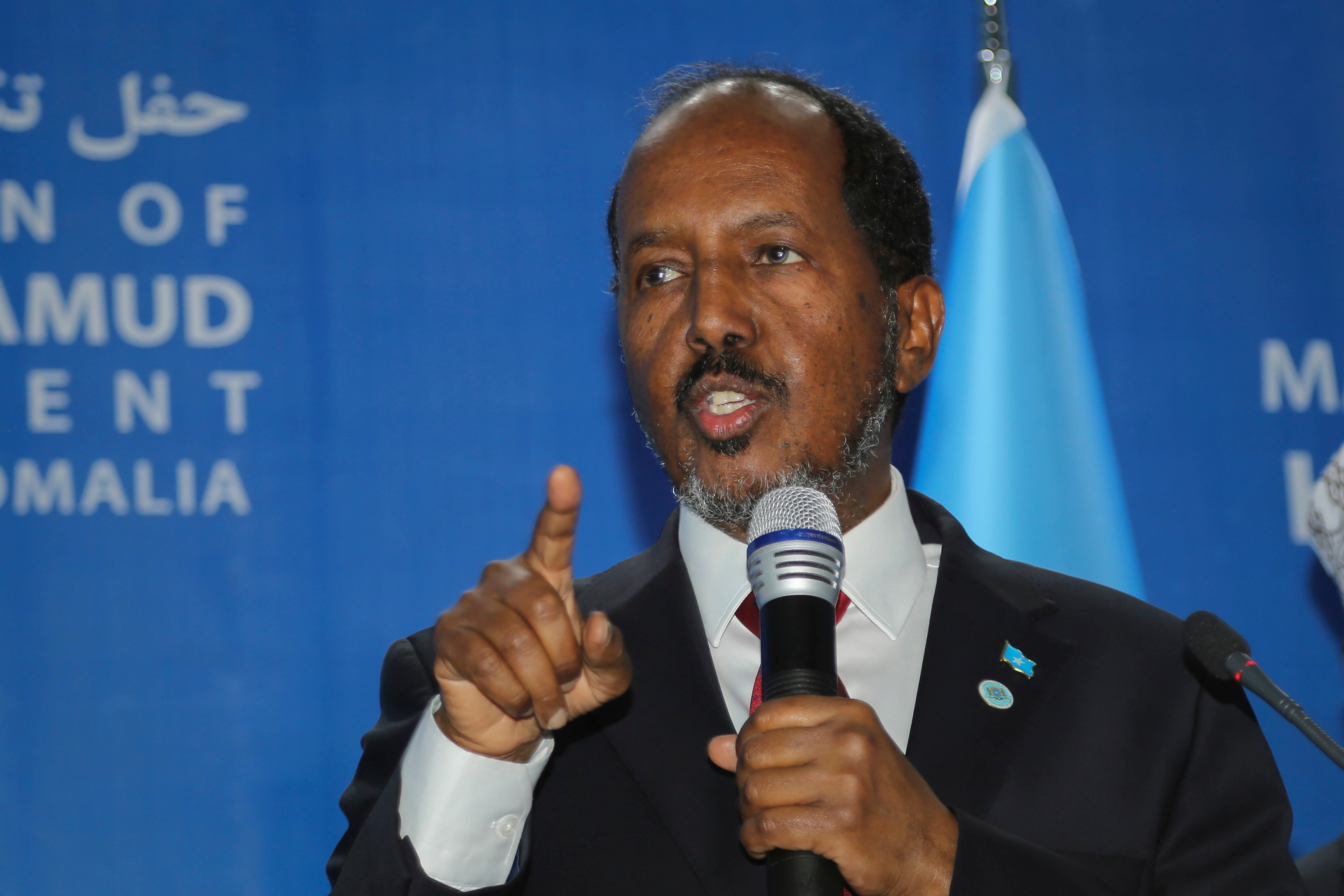 Somali President Hassan Sheikh Mohamud speaks at his inauguration ceremony in Mogadishu, Somalia, June 9, 2022. 