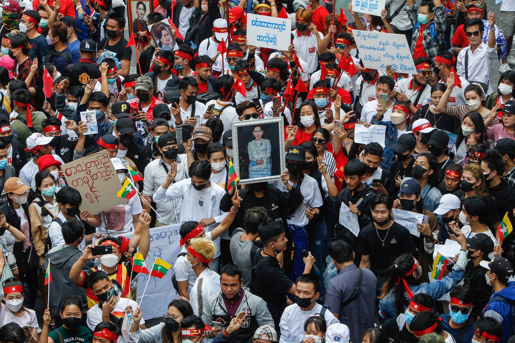 Demonstrators protest against the ruling military junta during a rally to mark the second anniversary of the coup in Myanmar outside the Myanmar embassy in Bangkok, Thailand.