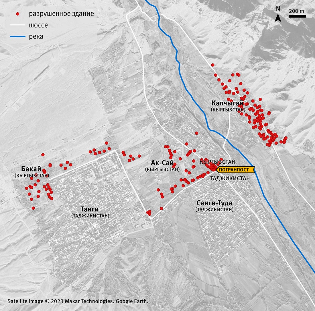 Map of damage documented by Human Rights Watch in Ak-Sai Bakai Kapchygai