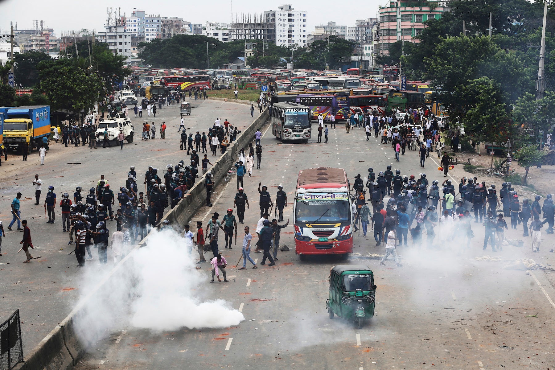 Bangladesh Nationalist party activists block a highway entering Bangladesh's capital during a protest demanding the resignation of Prime Minister Sheikh Hasina and a general election under a neutral caretaker government, in Dhaka, Bangladesh, July 29, 2023.