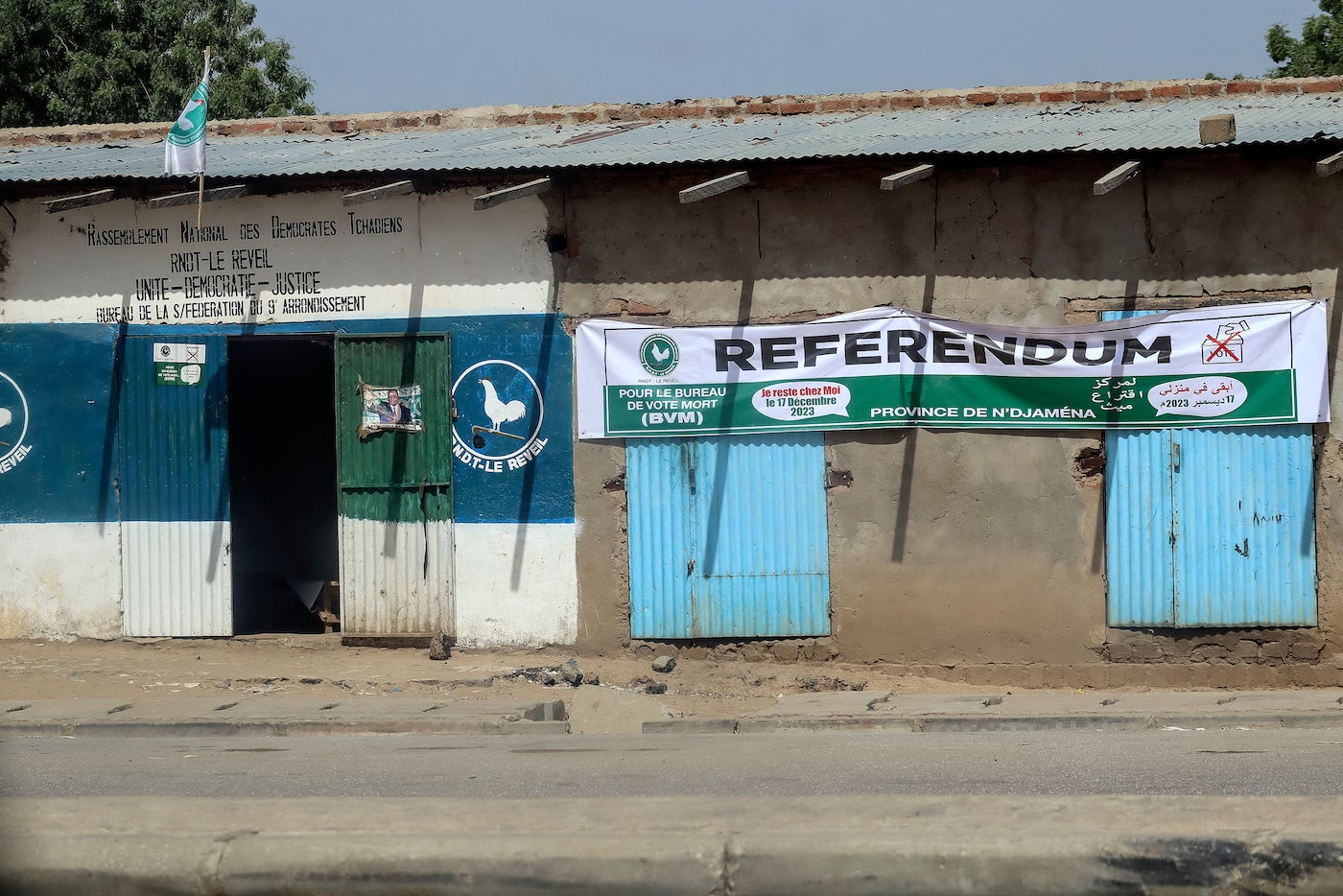 A general view of a banner of the National Rally for Democracy in Chad calling on citizens to stay at home during the referendum vote, in N'Djamena on December 13, 2023.