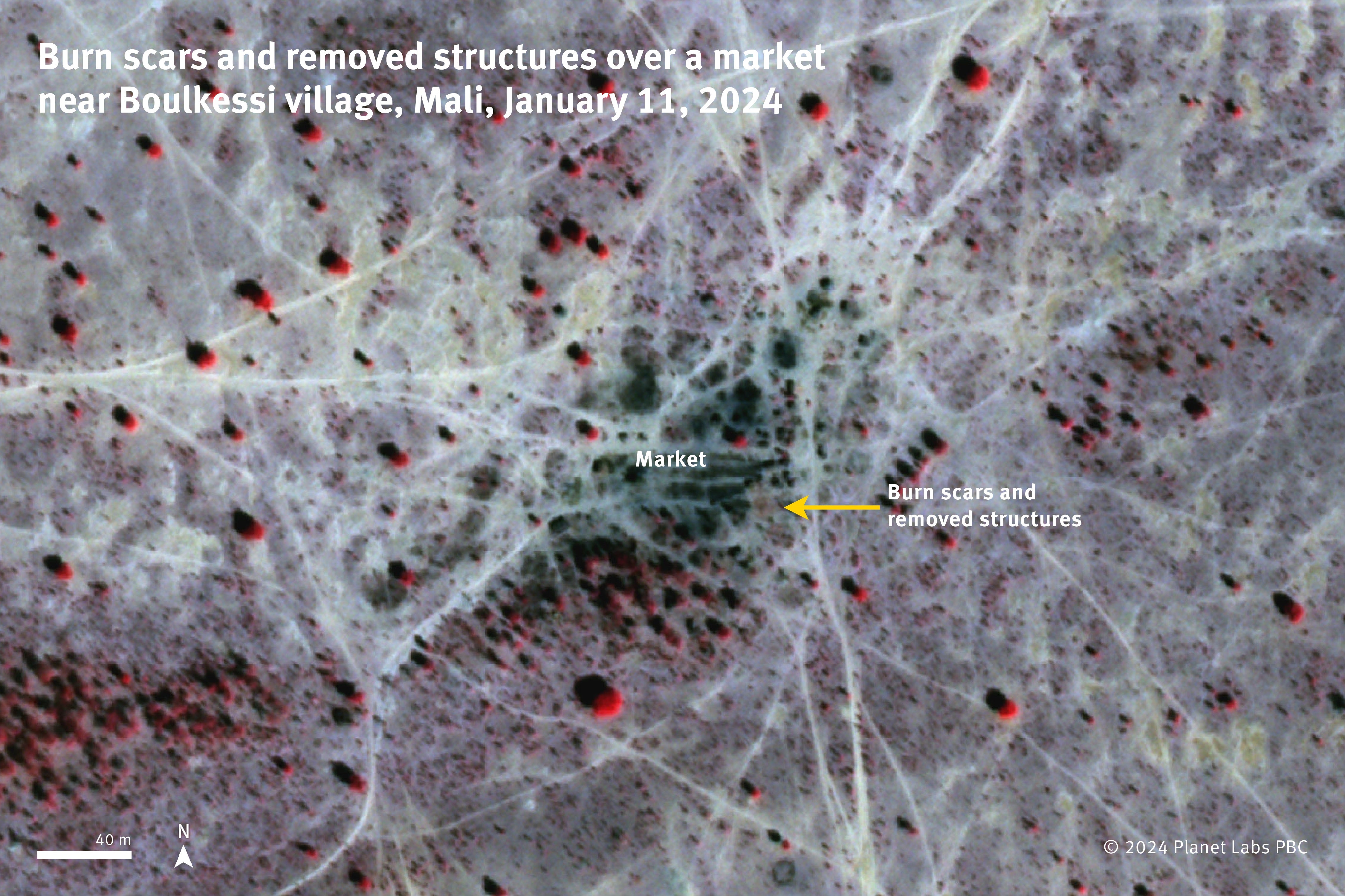 Infrared satellite imagery from January 11, 2024, shows a destroyed market located 9 kilometers north of Boulkessi, a village in Mali, as a result of the attack of November 18, 2023. On infrared images, the vegetation appears in red and the burned areas are darker than the surrounding area. Image