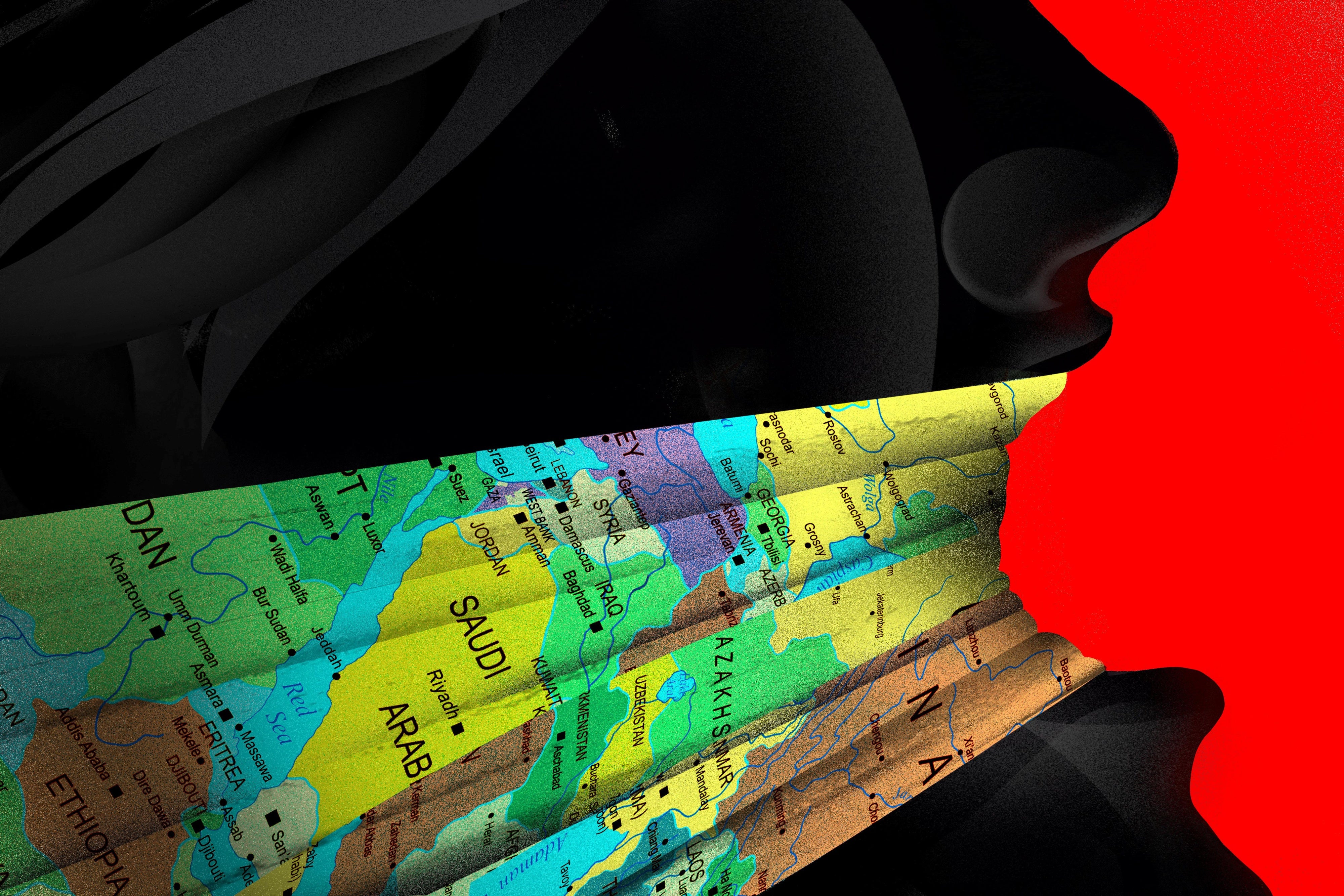 Illustration of a map being used to bind someone's mouth