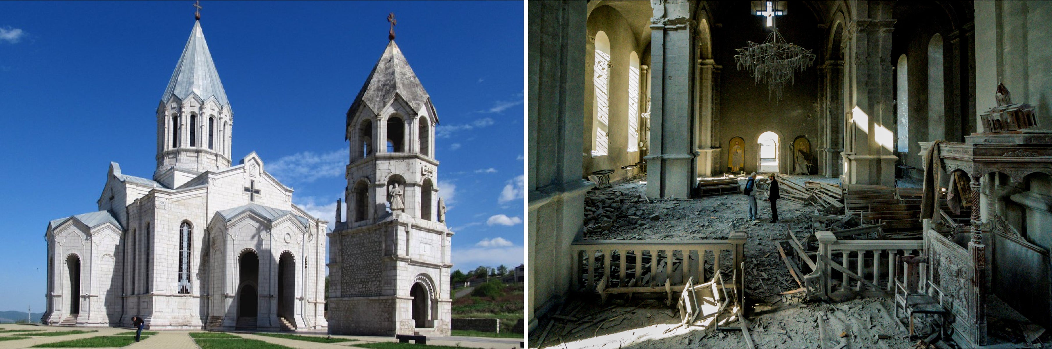 Side-by-side photos of a cathedral before and after its destruction