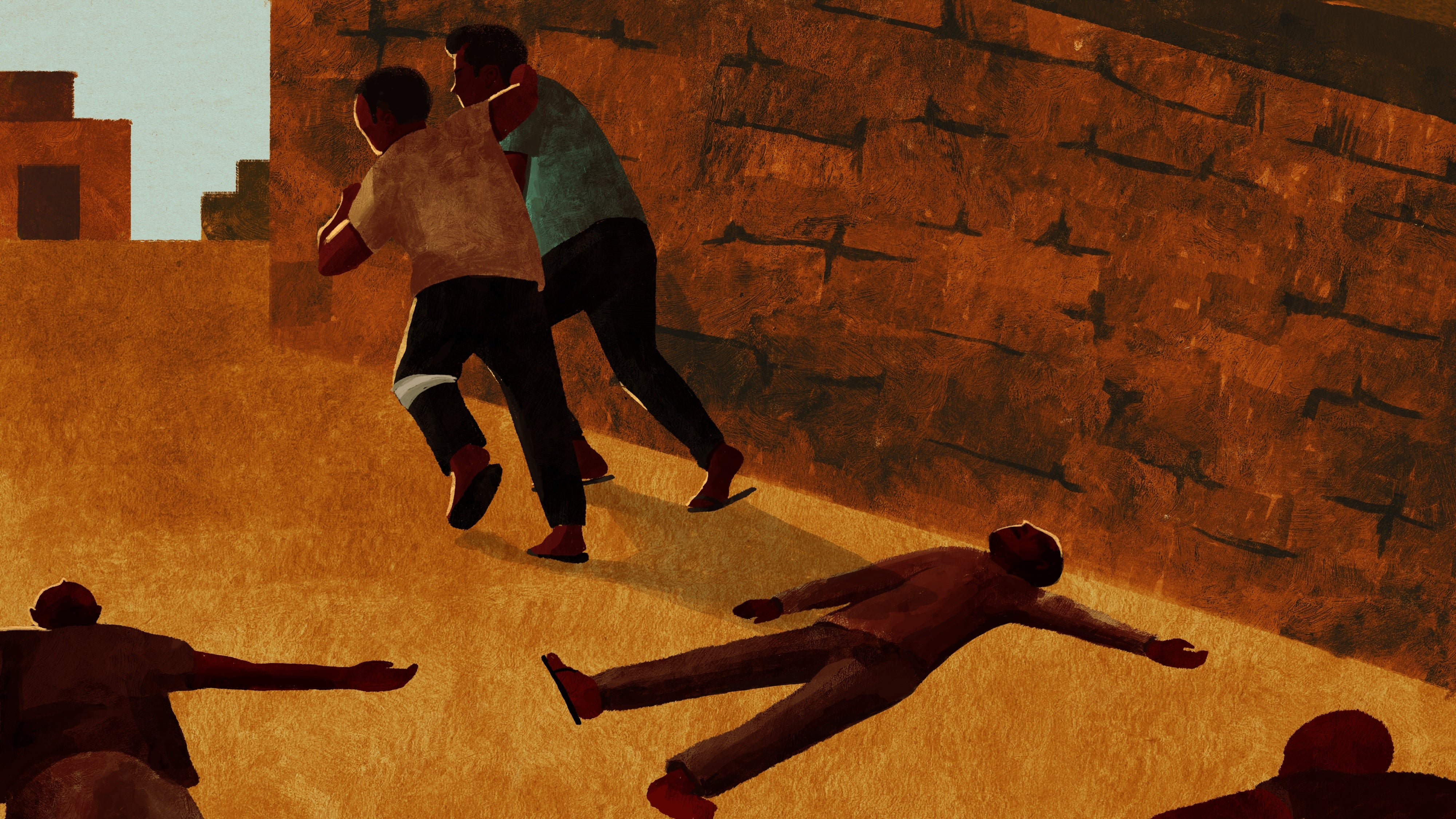 An illustration showing two men running down a street, with dead bodies on the ground around them