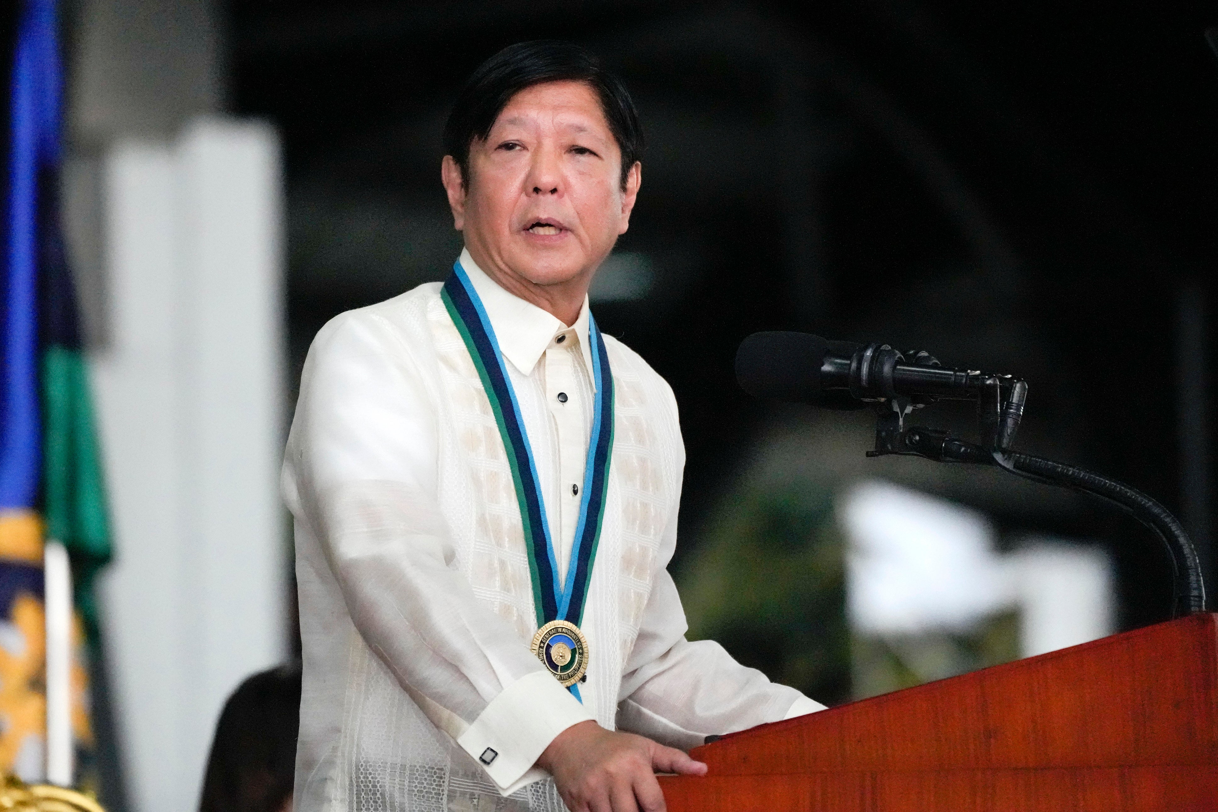 Philippines President Ferdinand Marcos Jr. delivers a speech at Camp Aguinaldo military headquarters in Quezon City, December 21, 2023. 