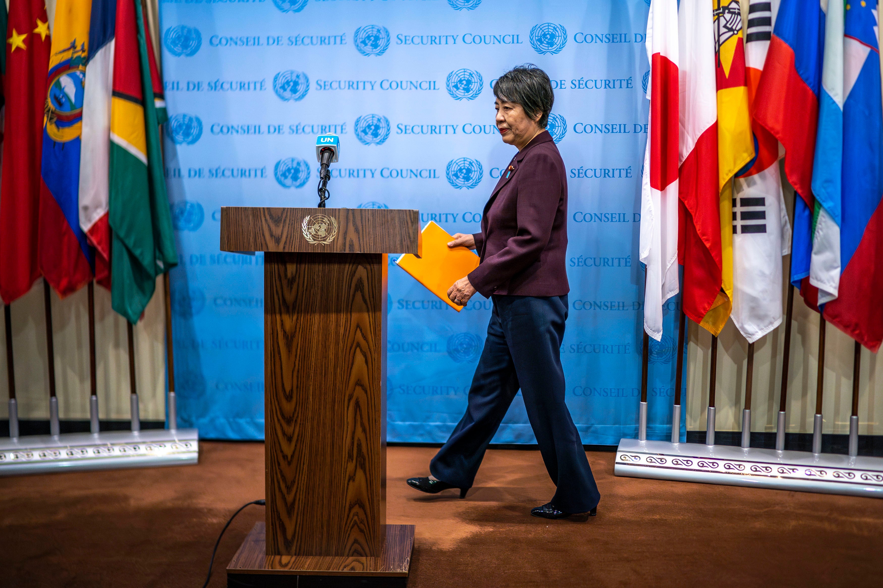 Japanese Foreign Minister Yoko Kamikawa arrives to give remarks following a meeting of the United Nations Security Council