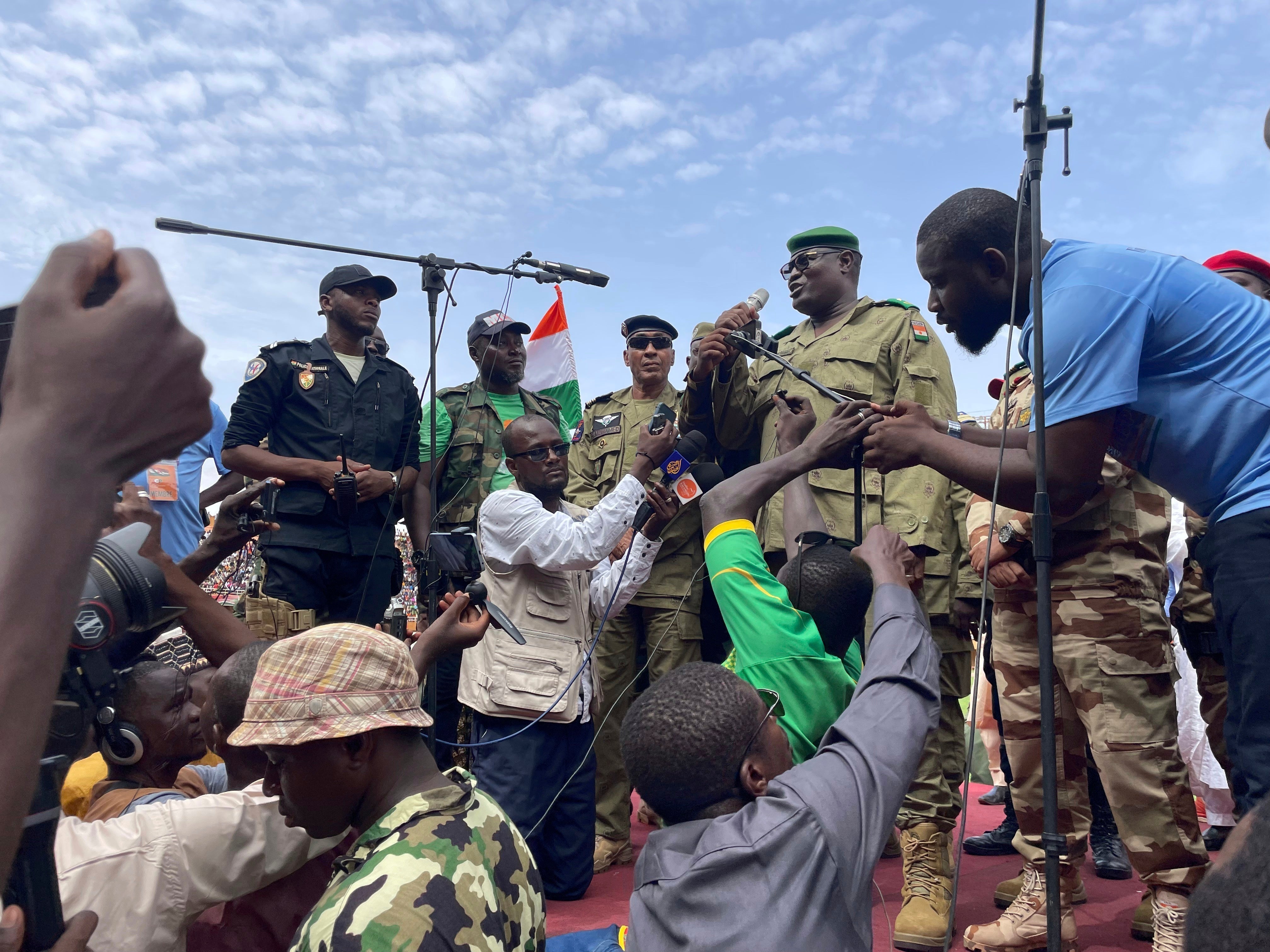 Mohamed Toumba, an officer involved in the ouster of Nigerien President Mohamed Bazoum, addresses supporters of the military junta in Niamey, Niger, August 6, 2023.