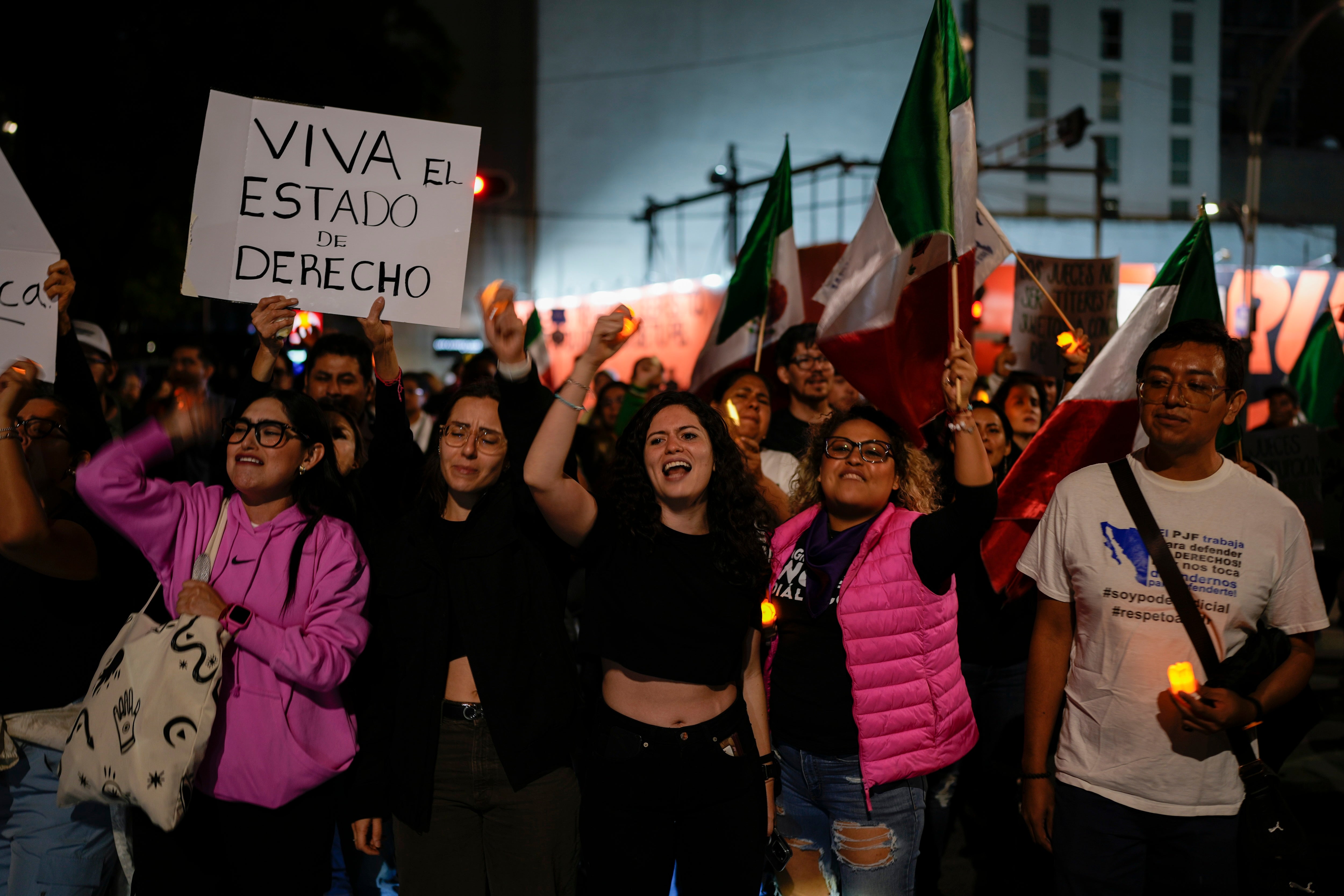 Federal court workers in Mexico City protest against a proposal that would remove and replace all judges in the country in popular elections, Monday, Aug. 26, 2024. 