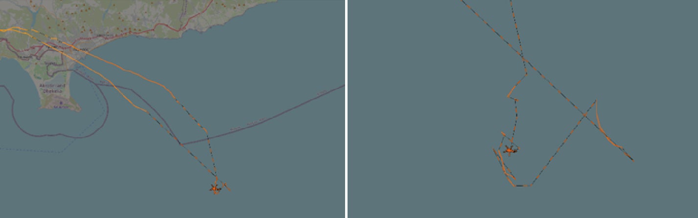 Mapping showing a helicopter route over a body of water