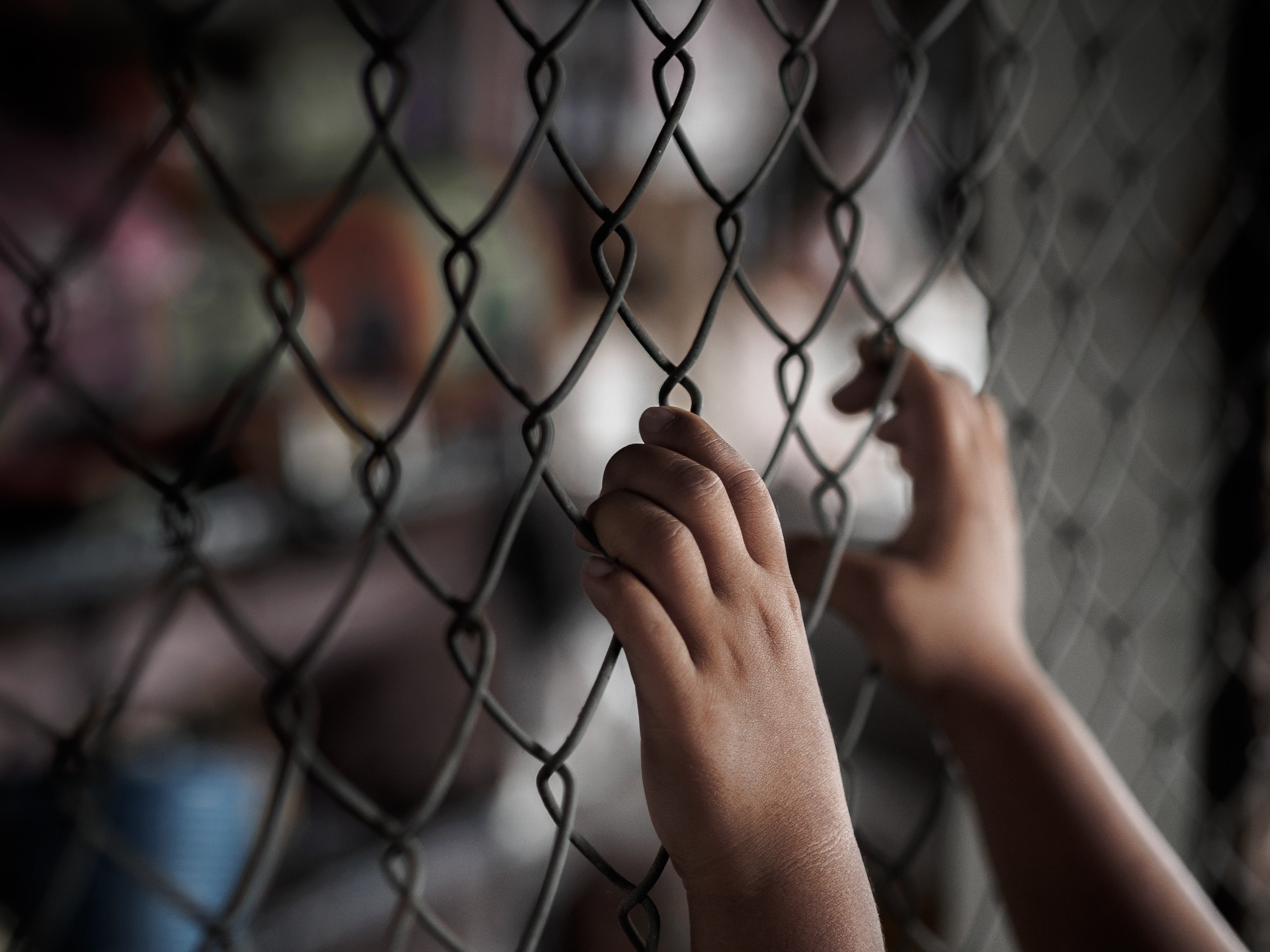  A young person holding onto a chain link fence.