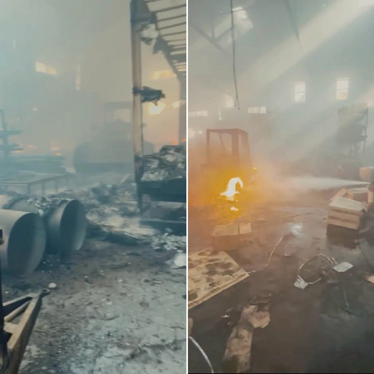 Side-by-side photos of a damaged warehouse