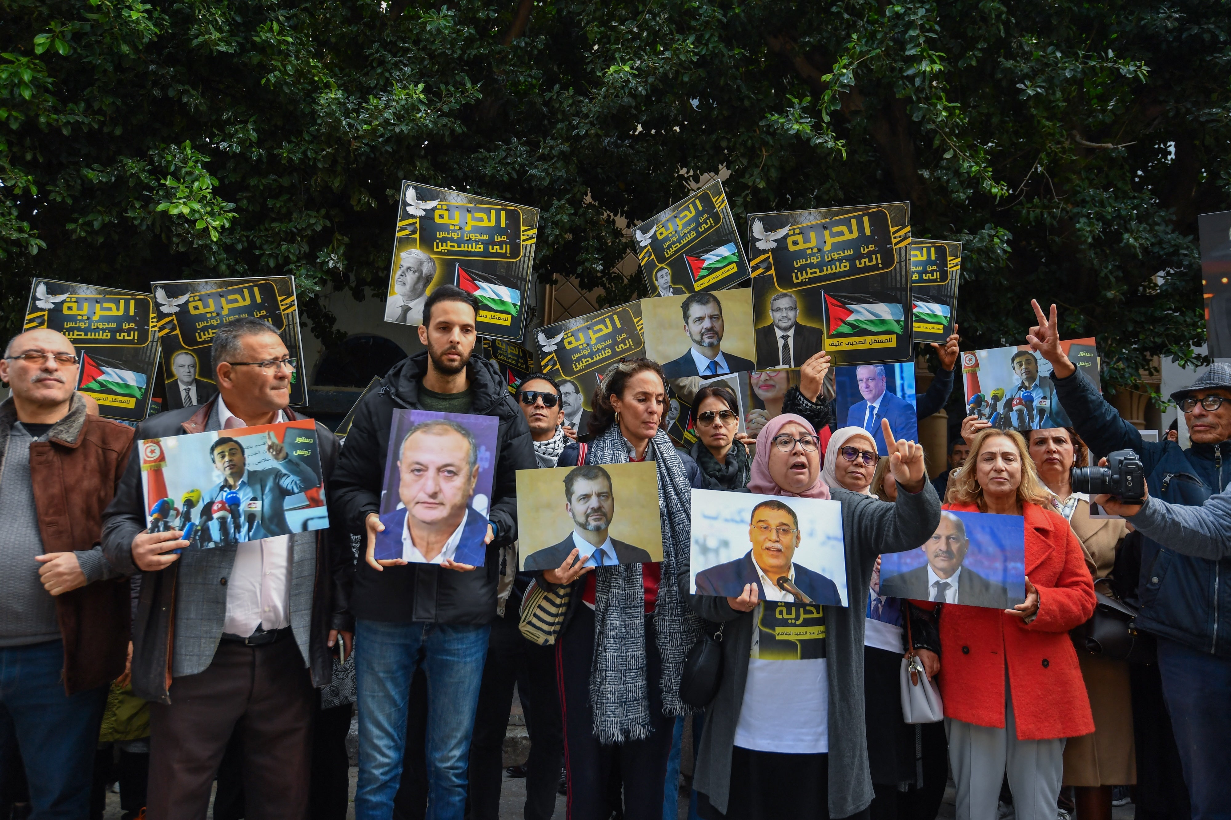 Relatives of detainees accused of involvement in a conspiracy case against state security, on the day of the first hearing in front of the court in Tunis, Tunisia, on March 4, 2025.