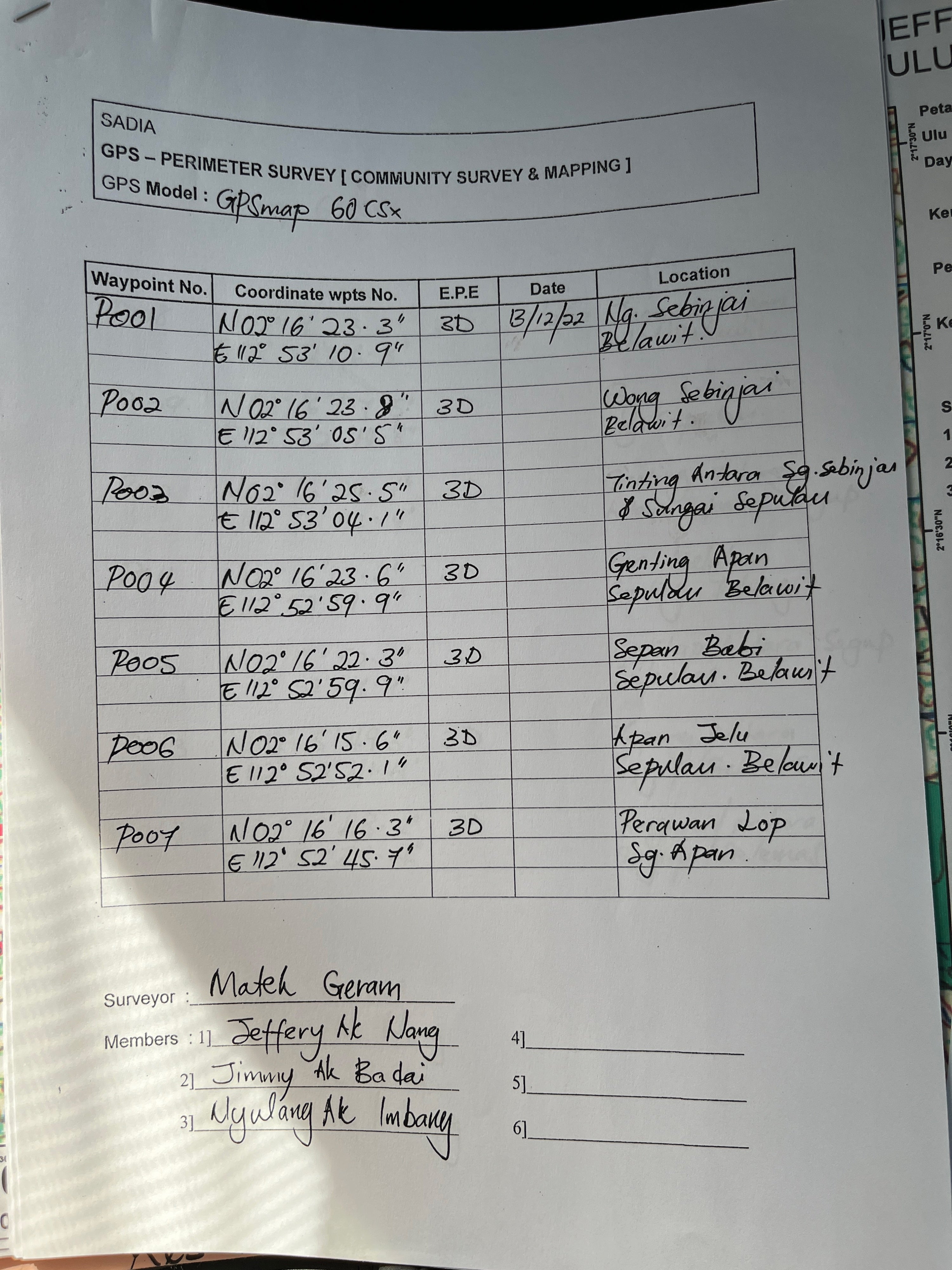 Document with coordinates delineating the boundary of Rumah Jeffery's native customary land