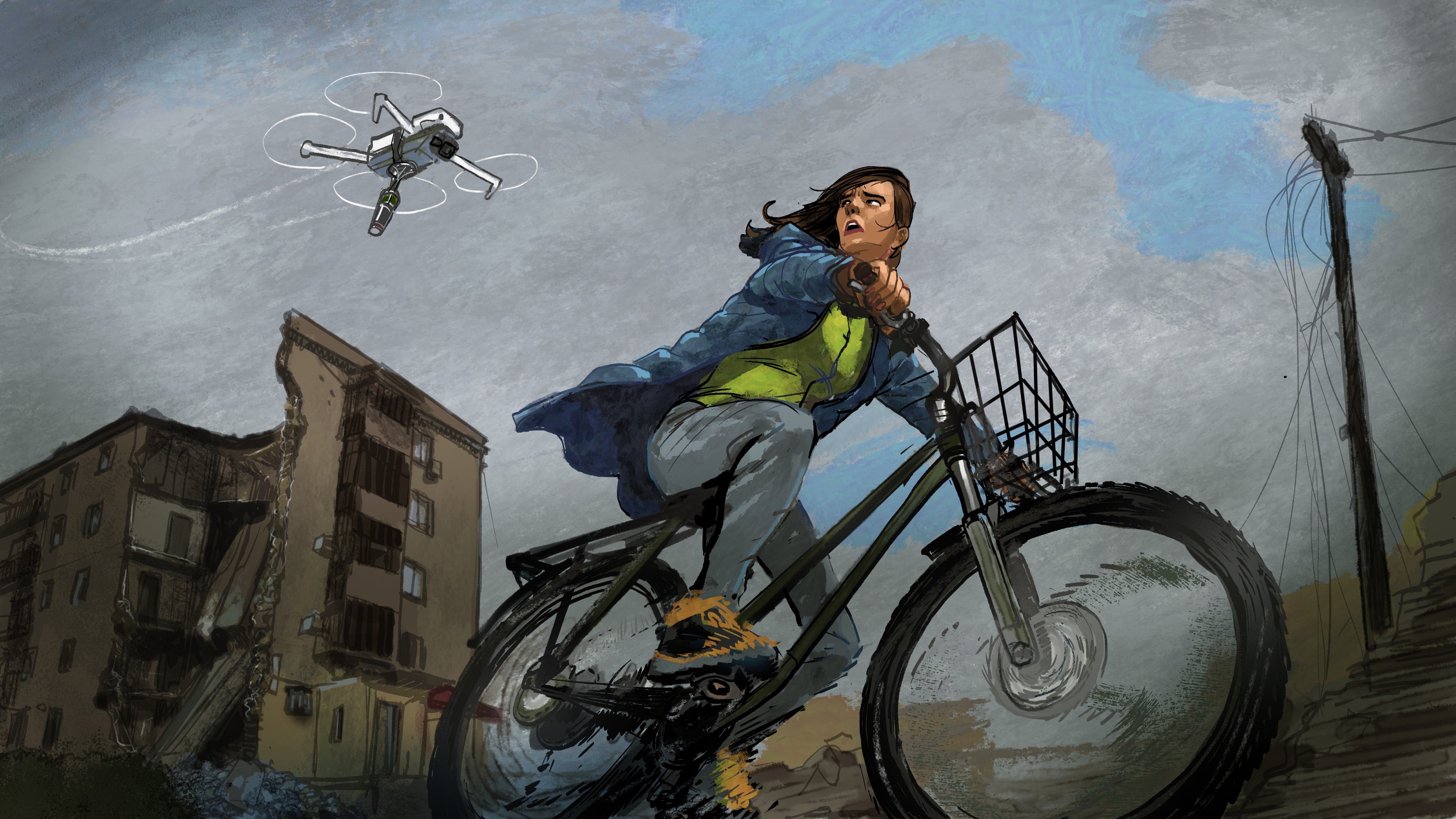 Illustration of a drone following a woman on a bike through a destroyed city