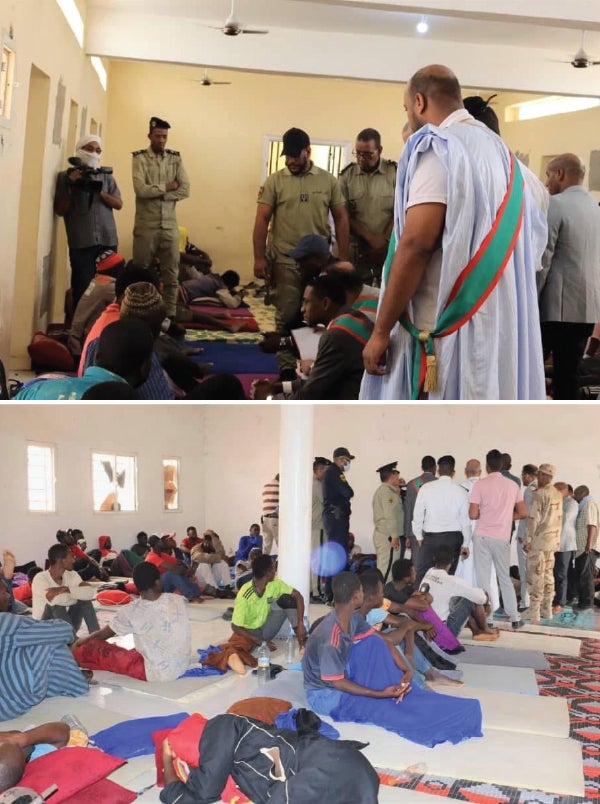 Photos included in an April 30, 2025 Facebook post by Mauritania’s interior ministry about the visit of a delegation of Mauritanian parliament officials, accompanied by police, to migrant detention centers in Nouakchott.