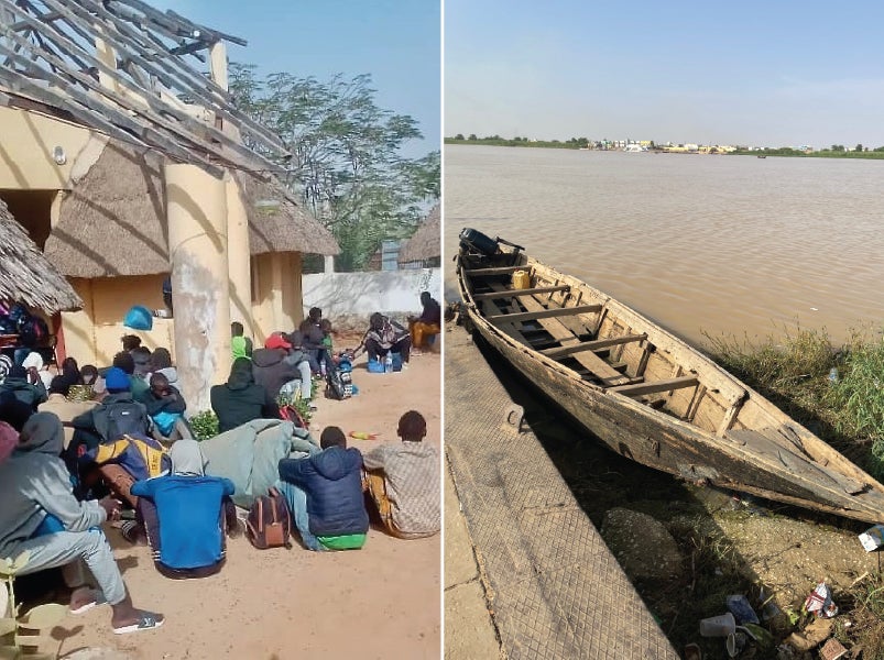 Side-by-side photos of a people outside a shelter and a wooden boat in a river