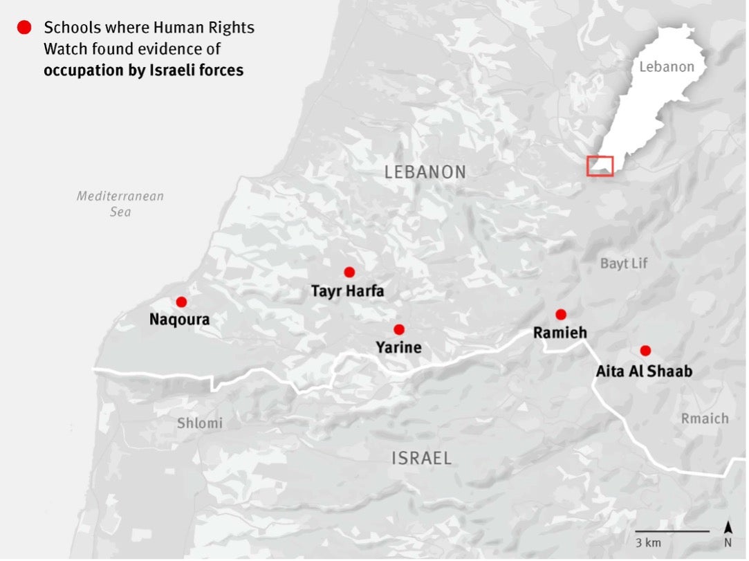 Map of schools where Human Rights Watch found evidence of occupation by Israeli forces