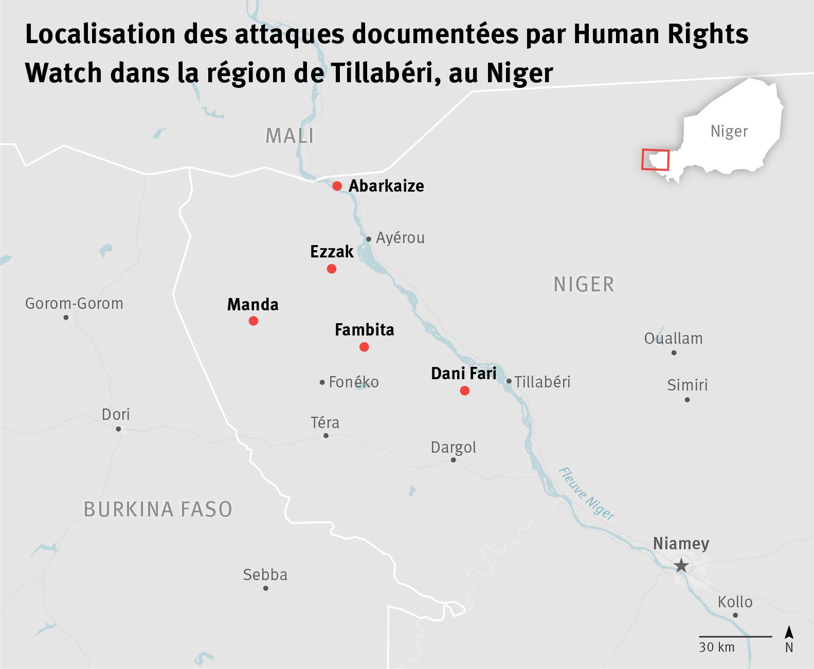 Carte des attaques dans la région de Tillabéri au Niger.