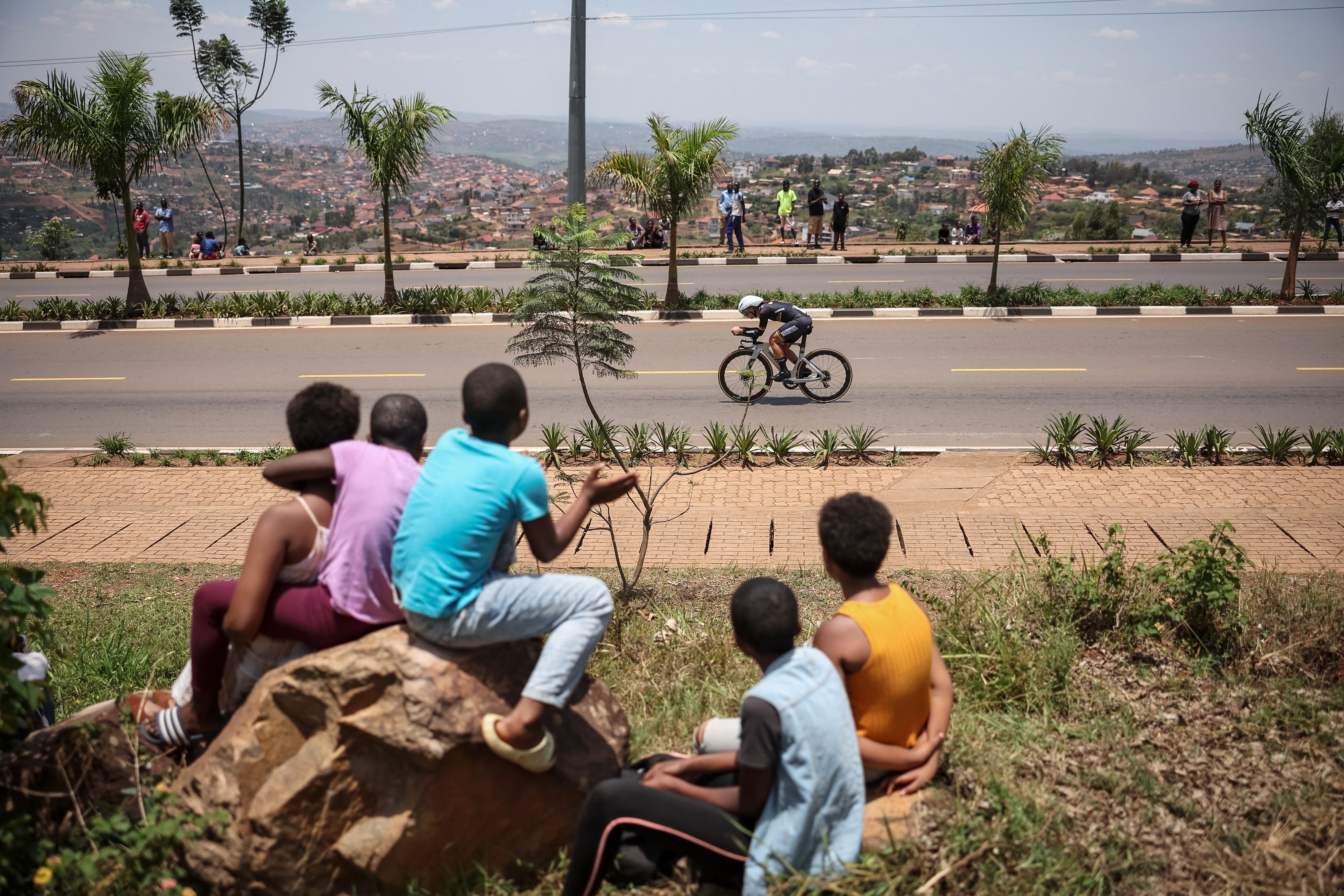 Mauritian rider Aurelie Halbwachs competes in the women's Elite Individual Time Trial cycling event during the UCI 2025 Road World Championships, in Kigali, Rwanda, September 21, 2025.