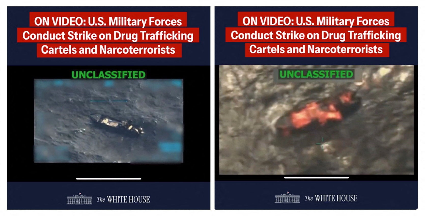 A combination image shows two screen captures from a footage posted on the X account of The White House on September 15, 2025, of what US President Donald Trump said was a military strike on a Venezuelan drug cartel vessel, the second such strike carried out against an alleged drug boat in recent weeks. 