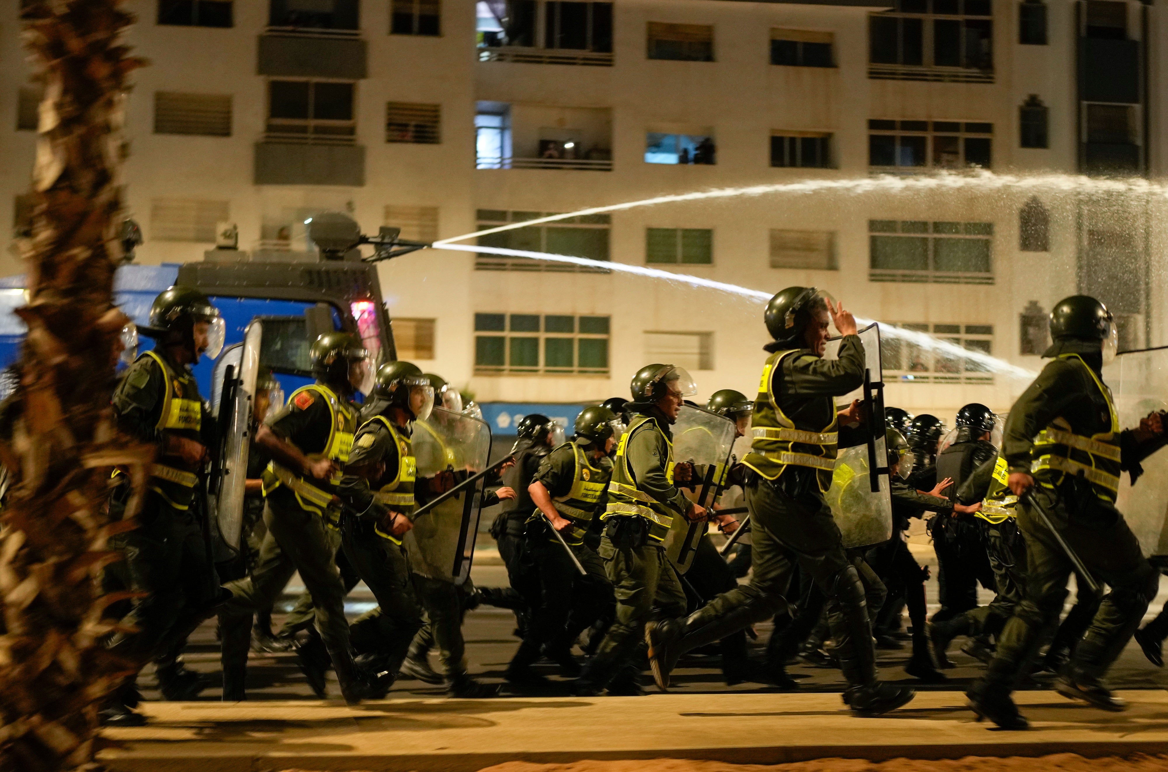 Security forces use water cannons to disperse youth protesters calling for healthcare and education reforms, in Salé, Morocco, October 1, 2025.