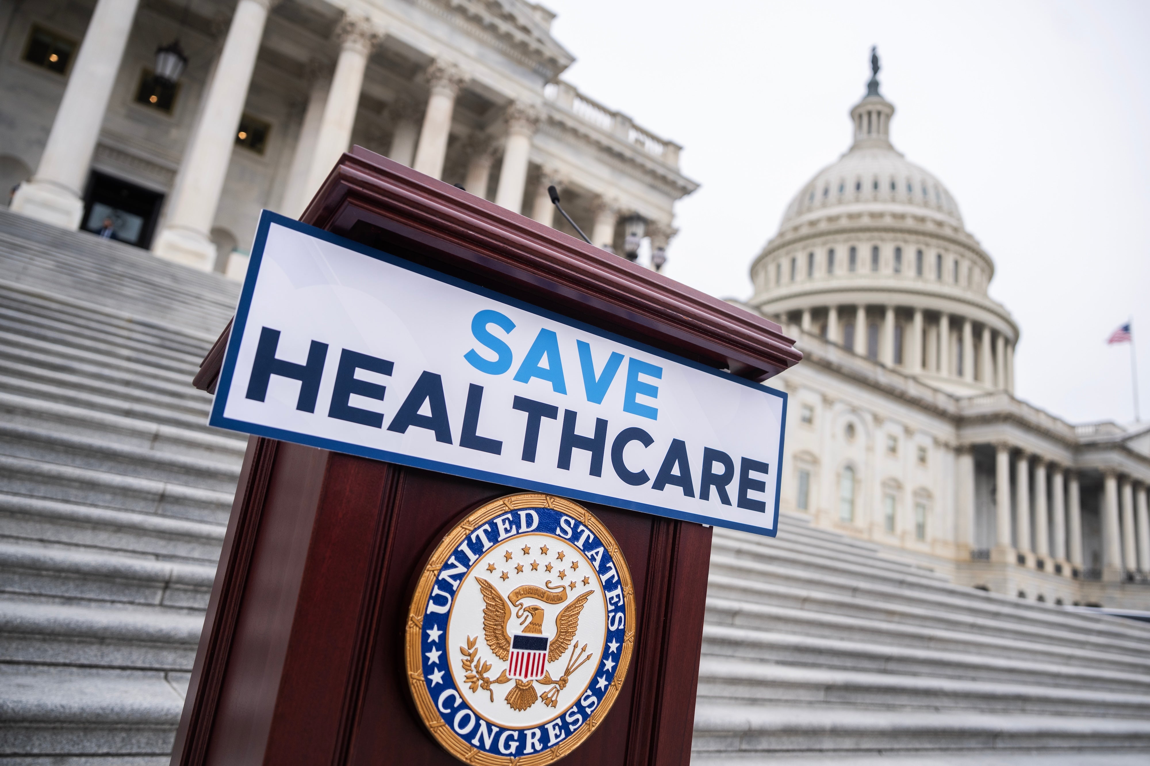A sign on the House steps of the US Capitol on September 30, 2025. 