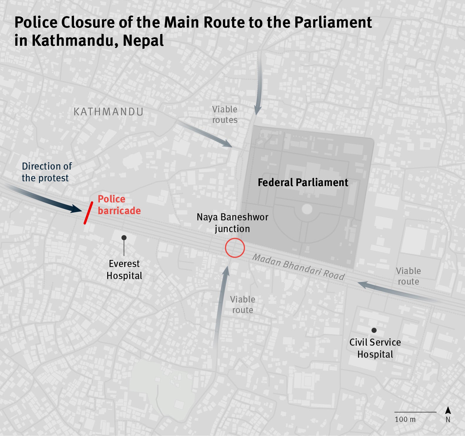 Map depicting the police closure and parliament on the protest route, September 8.
