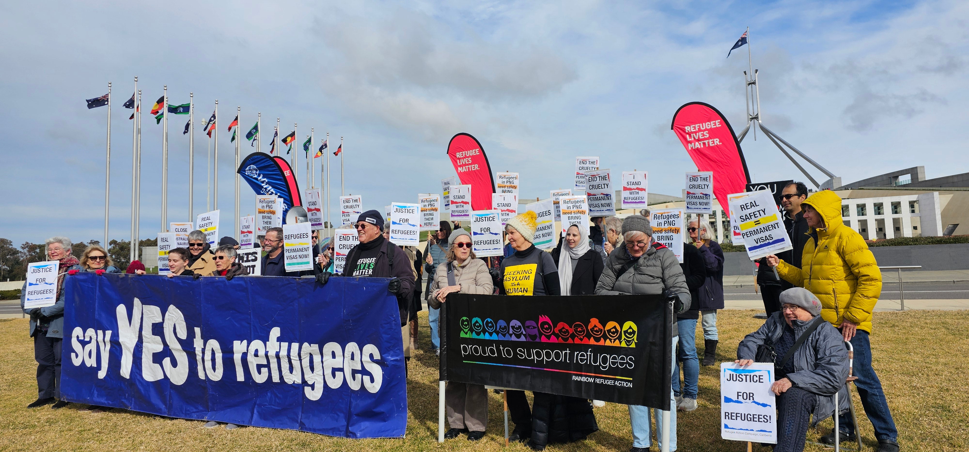 Refugee Action Campaign protest outside Australia’s Parliament House marking the 12-year anniversary of the Australian government reestablishing offshore detention and processing