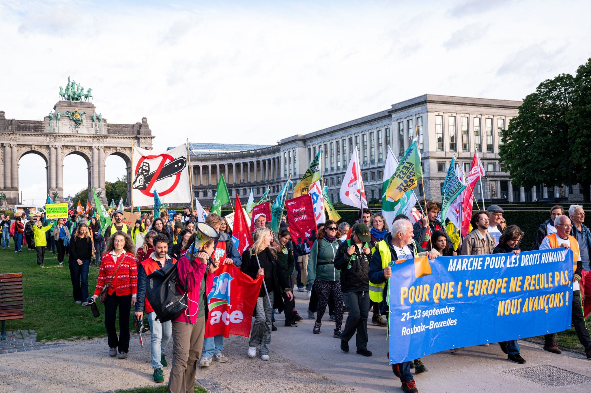 European activists march in Brussels on September 23, 2025 to protest EU governments’ efforts to weaken the EU’s corporate accountability law, the Corporate Sustainability Due Diligence Directive. 